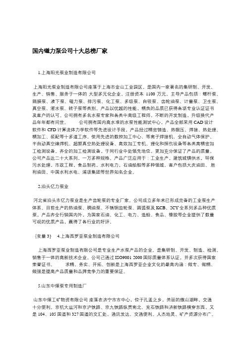 国内磁力泵公司十大总榜厂家
