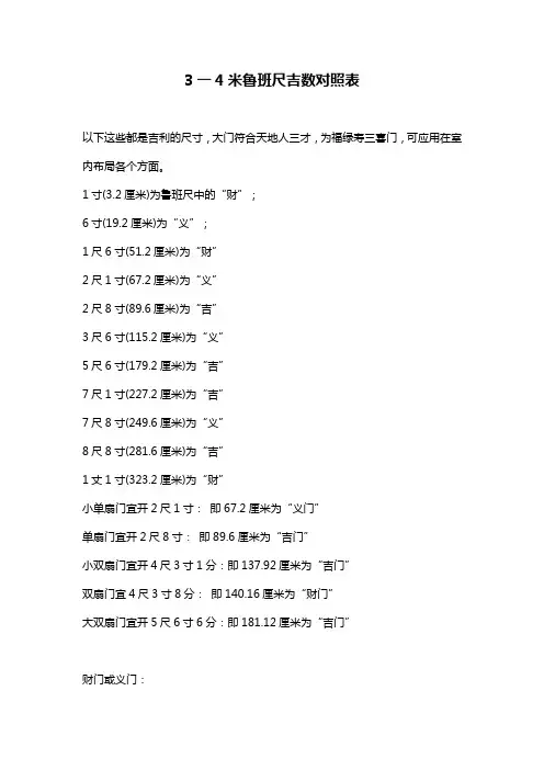 3一4米鲁班尺吉数对照表