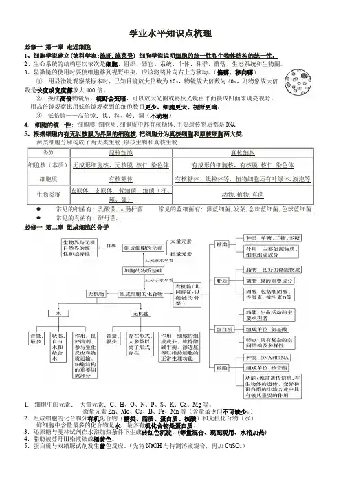 高中生物必修一二学业水平考试知识点梳理