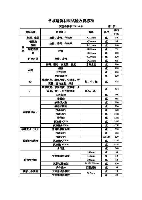 常规建筑材料试验收费标准