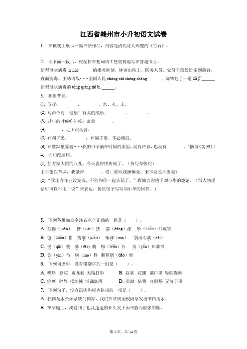 江西省赣州市小升初语文试卷和答案解析