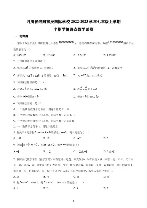 四川省绵阳市绵阳东辰国际学校2022-2023学年七年级上学期期中数学试题