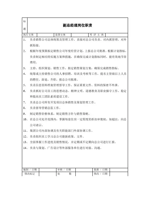 房地产营销策划部副总经理岗位职责