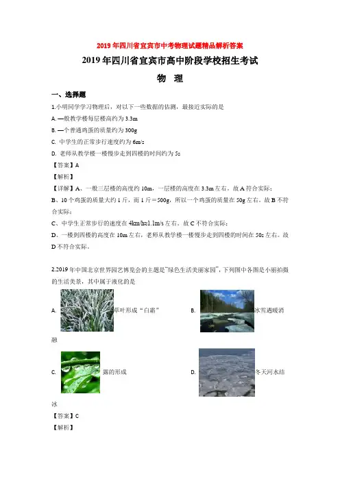 2019年四川省宜宾市中考物理试题精品解析答案