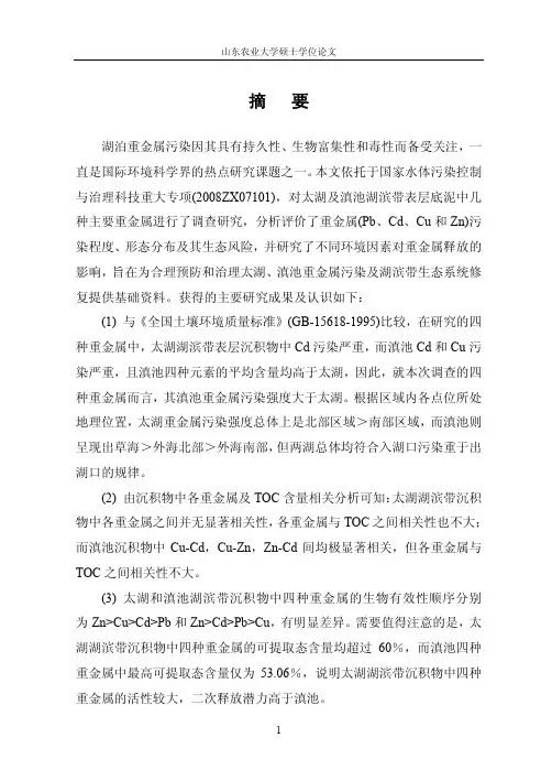 湖泊湖滨带沉积物重金属污染研究——以太湖、滇池为例