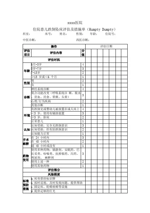 住院患儿跌倒坠床评估及措施单(Humpty Dumpty)