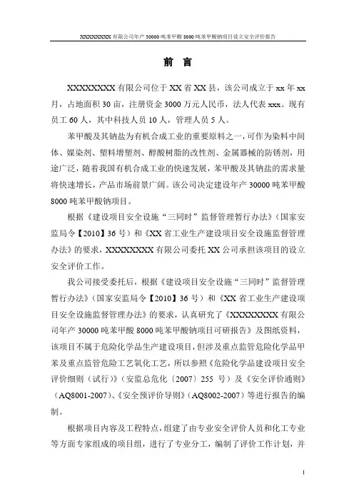 化工建设项目安全预评价报告
