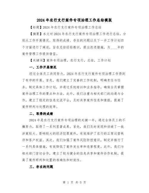 2024年农行支行案件专项治理工作总结模版（2篇）