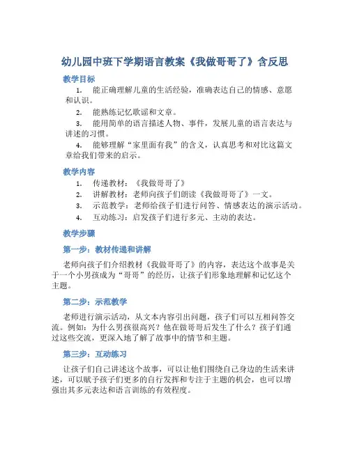 幼儿园中班下学期语言教案《我做哥哥了》含反思