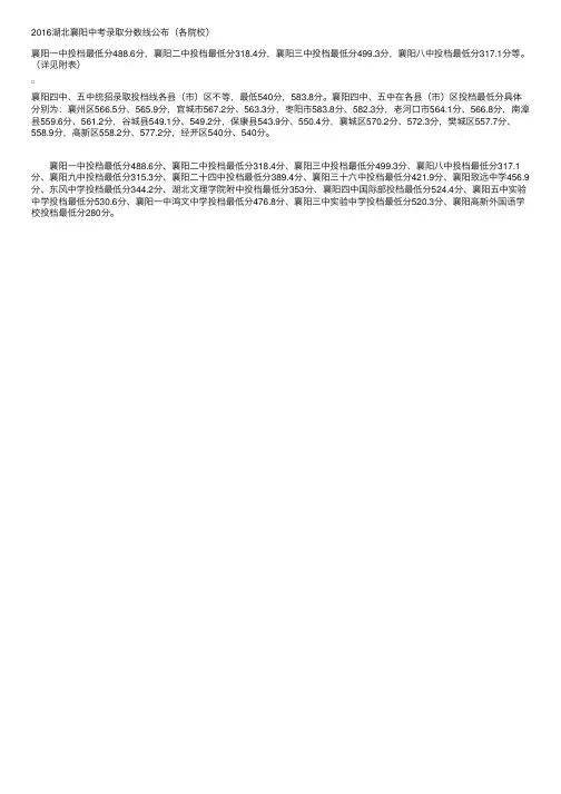 2016湖北襄阳中考录取分数线公布（各院校）