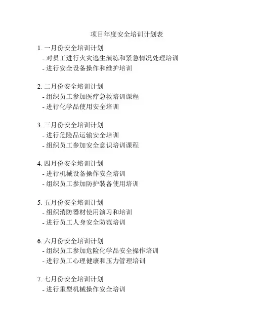项目年度安全培训计划表