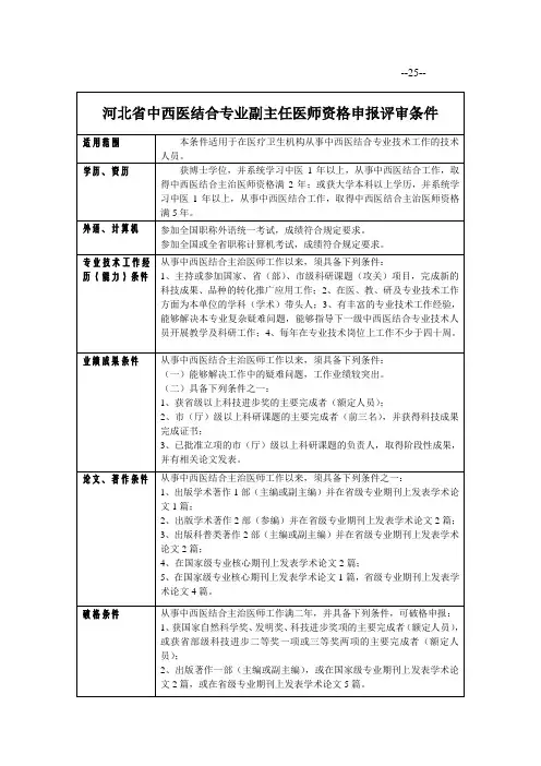 河北中西医结合专业副主任医师资格申报评审条件