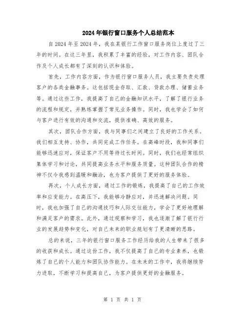 2024年银行窗口服务个人总结范本