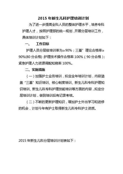 2015年新生儿科护理培训计划