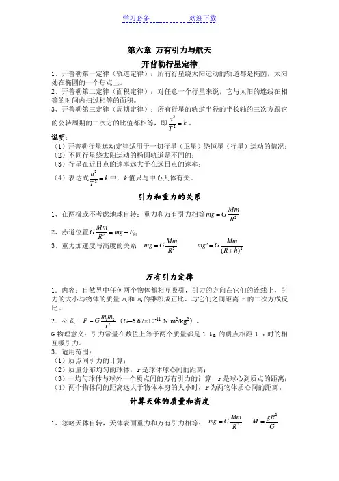 人教版物理必修二第六章-万有引力与航天知识总结