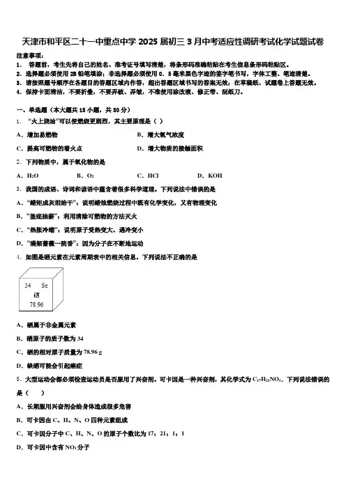 天津市和平区二十一中重点中学2025届初三3月中考适应性调研考试化学试题试卷含解析