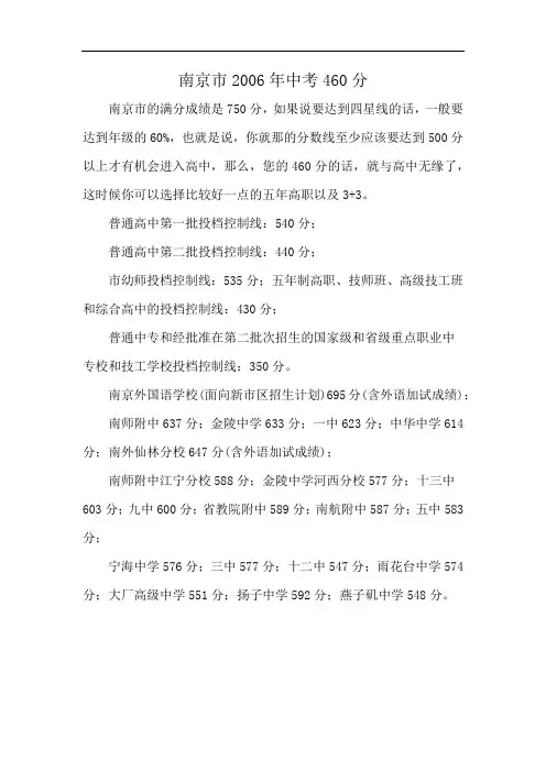 南京市2006年中考460分