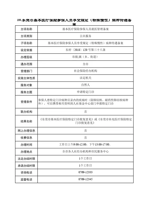 10.东莞市基本医疗保险参保人员享受规定(特殊慢性)病种待遇备案