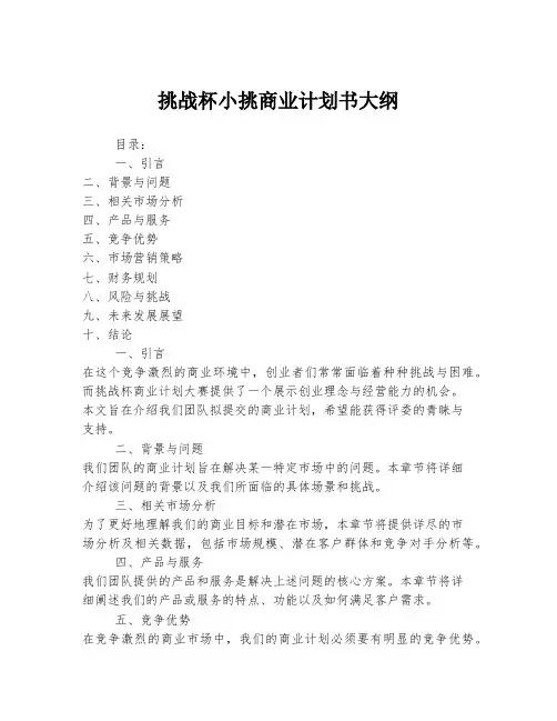 挑战杯小挑商业计划书大纲