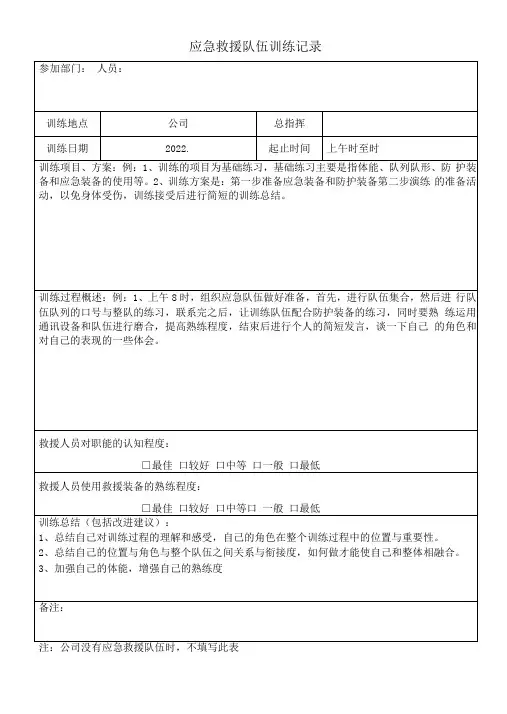 汽车4S店安全标准化之应急救援队伍训练记录表