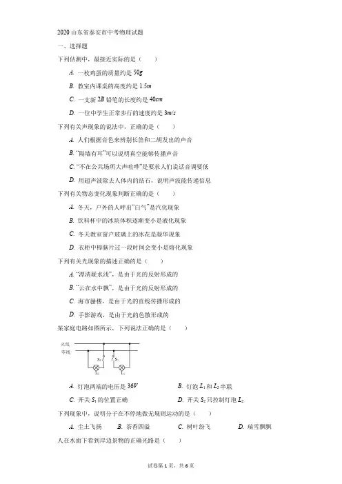 初中-物理-中考-2020山东省泰安市中考物理试题