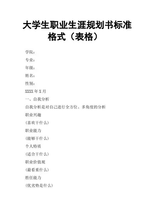 大学生职业生涯规划书标准格式(表格)