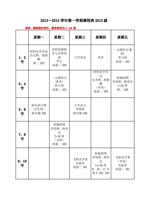 2013-2014学年第一学期课程表2013级
