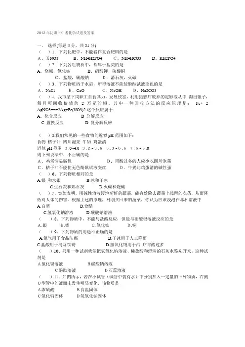 2012年沈阳市中考化学试卷及答案