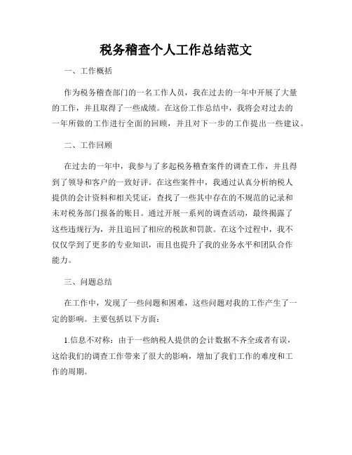 税务稽查个人工作总结范文