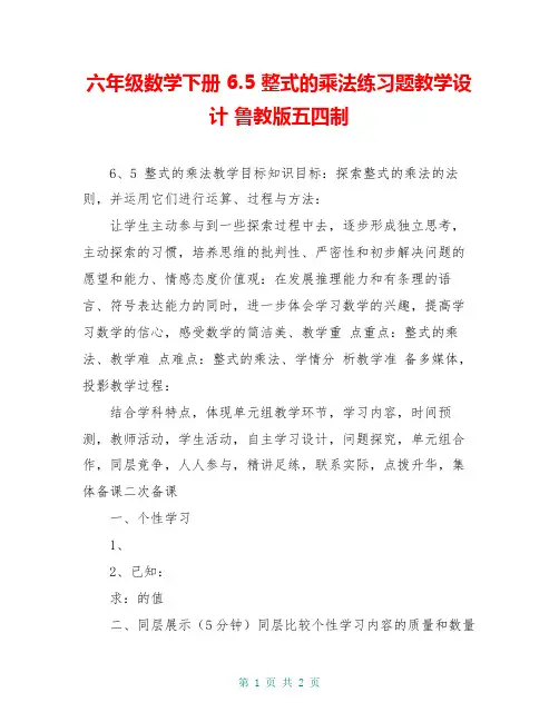 六年级数学下册 6.5 整式的乘法练习题教学设计 鲁教版五四制 