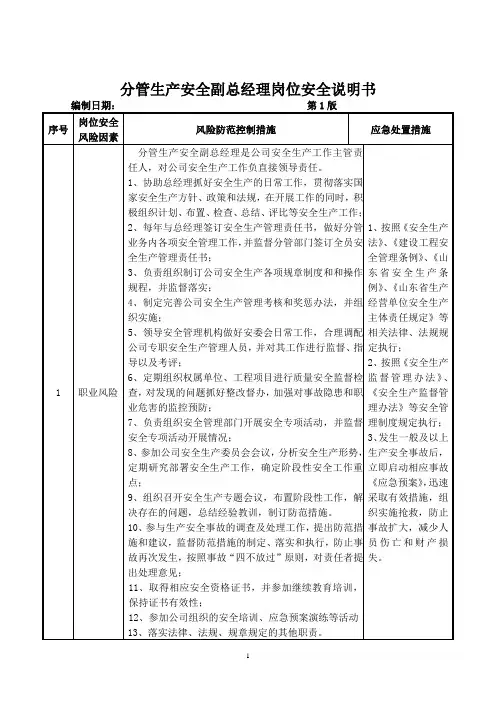 副总经理(分管生产安全)岗位安全说明书