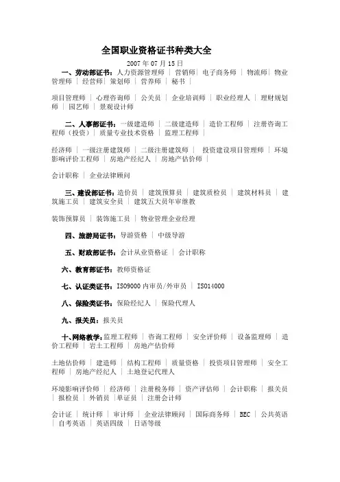 全国职业资格证书种类大全