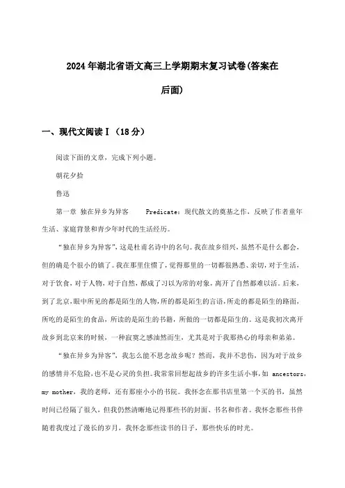 湖北省语文高三上学期期末试卷及解答参考(2024年)