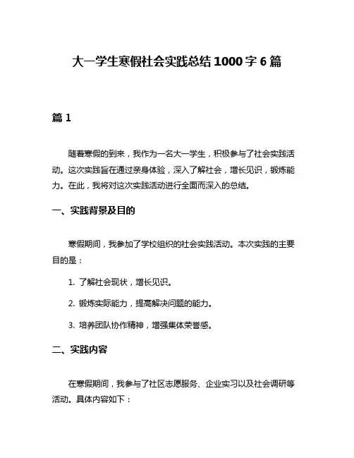 大一学生寒假社会实践总结1000字6篇