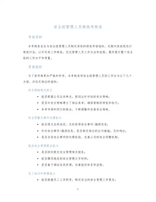 安全组管理人员绩效考核表