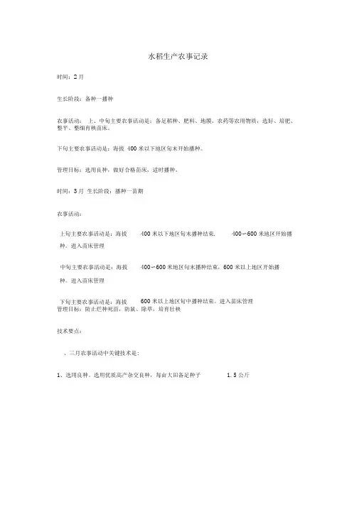水稻生产农事记录