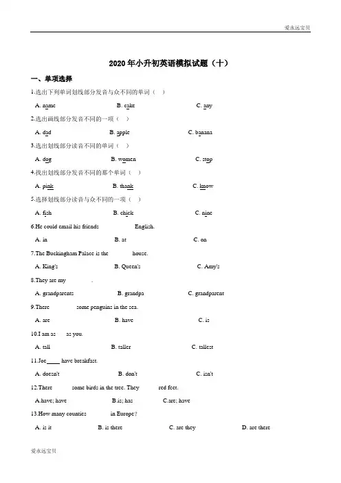 2020年小升初英语模拟试题(十) (科普版含答案)