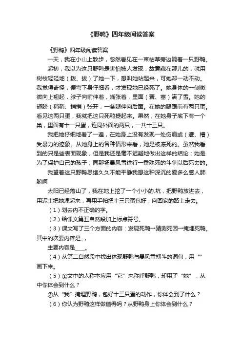 《野鸭》四年级阅读答案