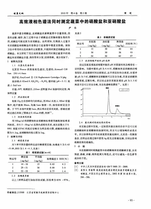 高效液相色谱法同时测定蔬菜中的硝酸盐和亚硝酸盐