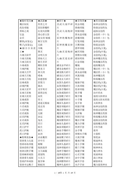 传奇世界物品大全