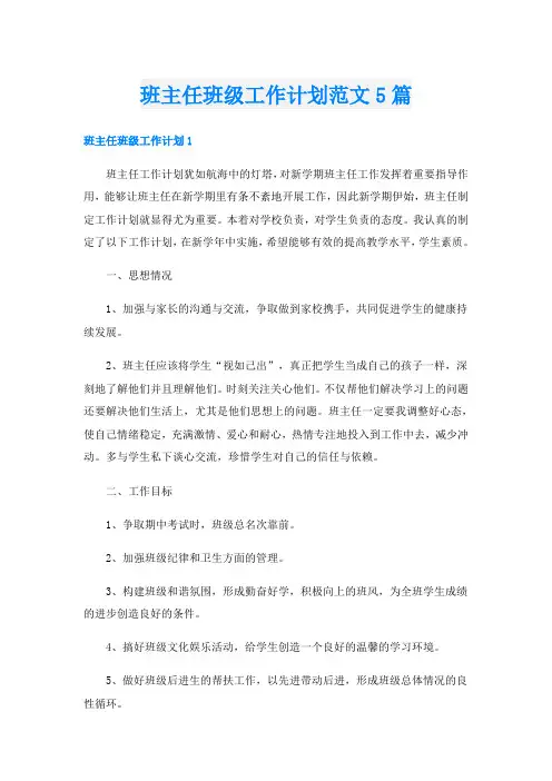 班主任班级工作计划范文5篇