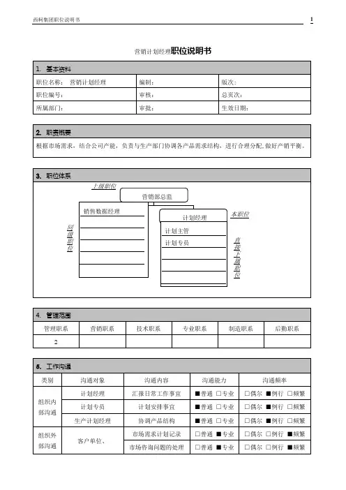 营销计划经理职位说明书