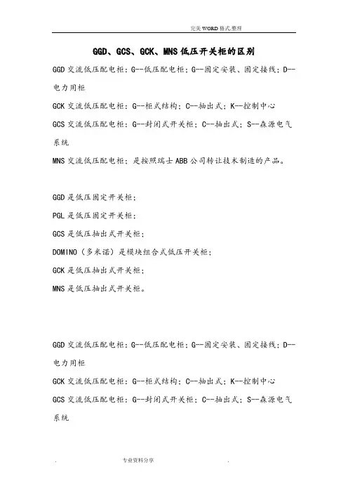 GGD、GCS、GCK、MNS低压开关柜的区别