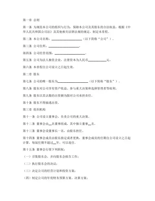 法人独资公司章程模板