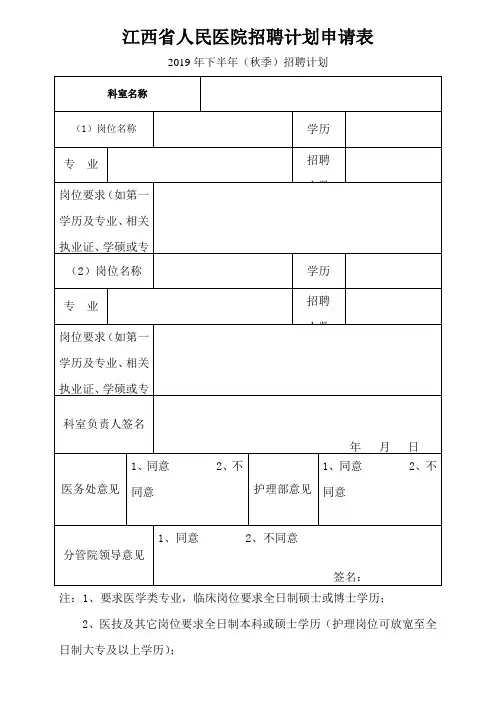江西省人民医院招聘计划申请表