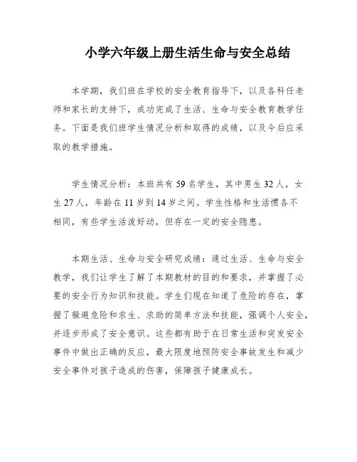 小学六年级上册生活生命与安全总结