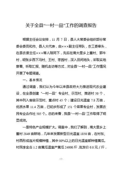 关于全县“一村一品”工作的调查报告