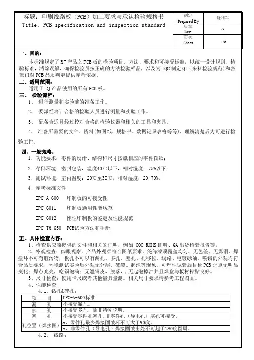 印刷线路板(PCB)加工要求与承认检验规格书