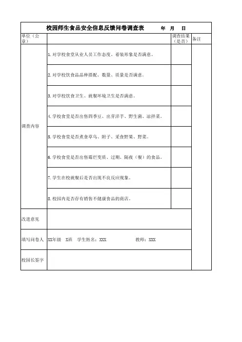 校园师生食品安全信息反馈问卷调查表
