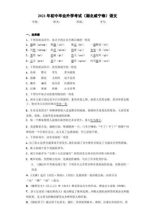 2021年初中毕业升学考试(湖北咸宁卷)语文
